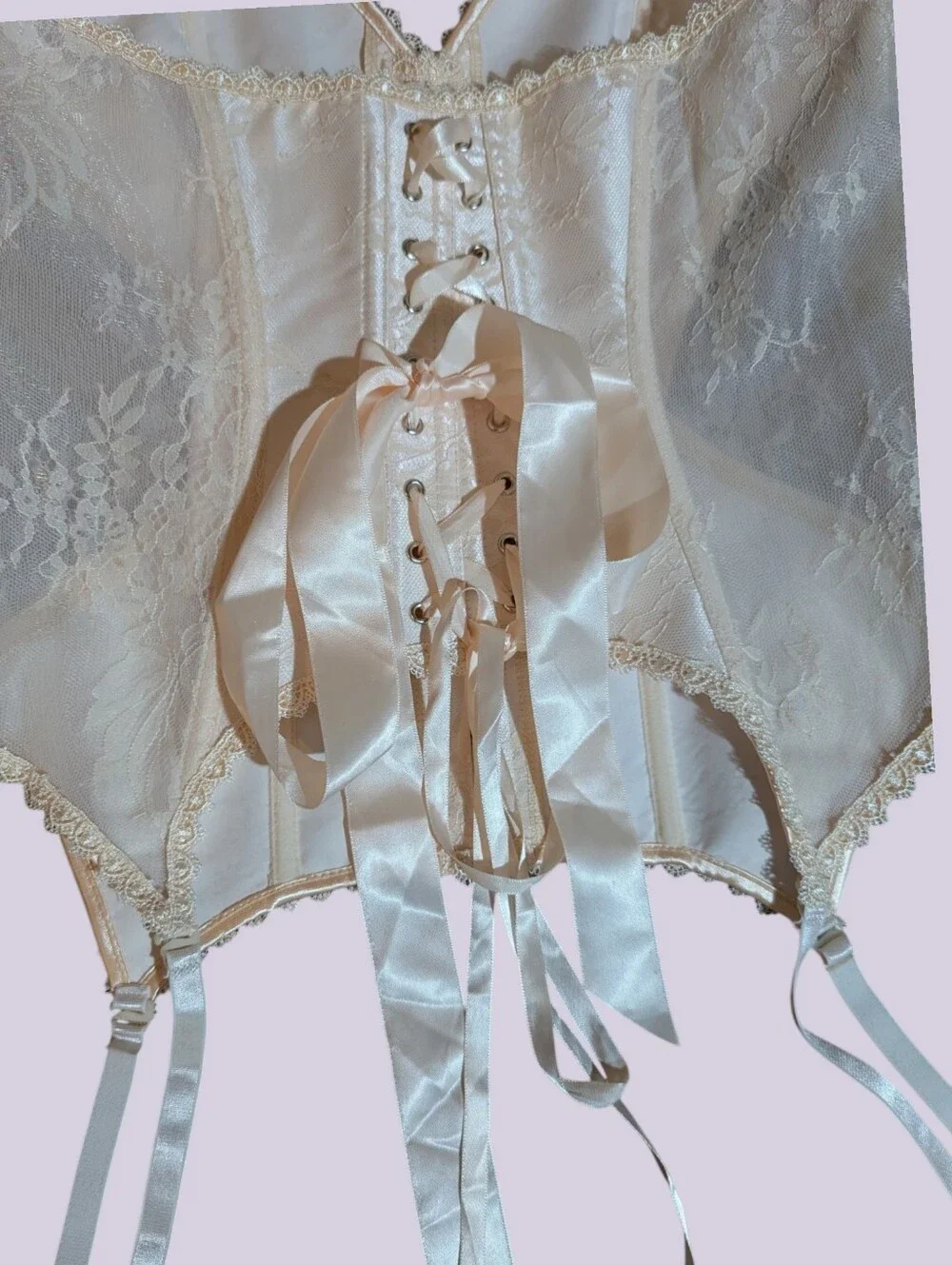 New Ivory Lace Strapless Boned Corset Bustier Satin Ribbons Garters Sexy Sz 1x